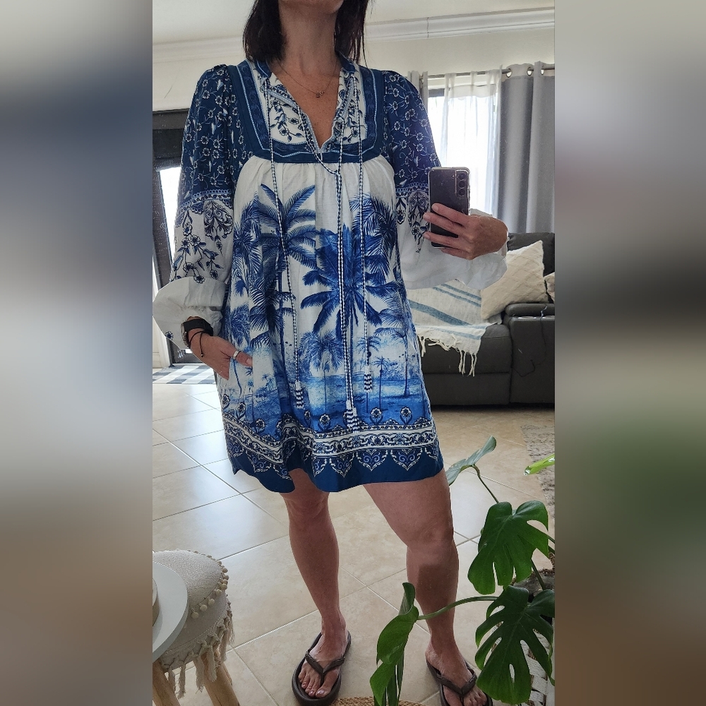 FARM Rio Tropical Blue And White Mini Dress